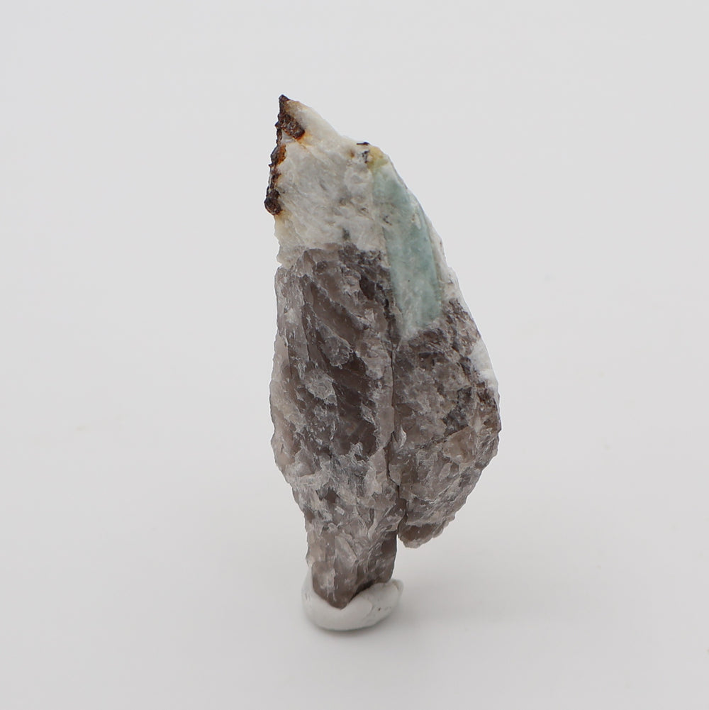 Heliodor Capped Aquamarine with Hematite, Mica, on Smoky Quartz and Feldspar