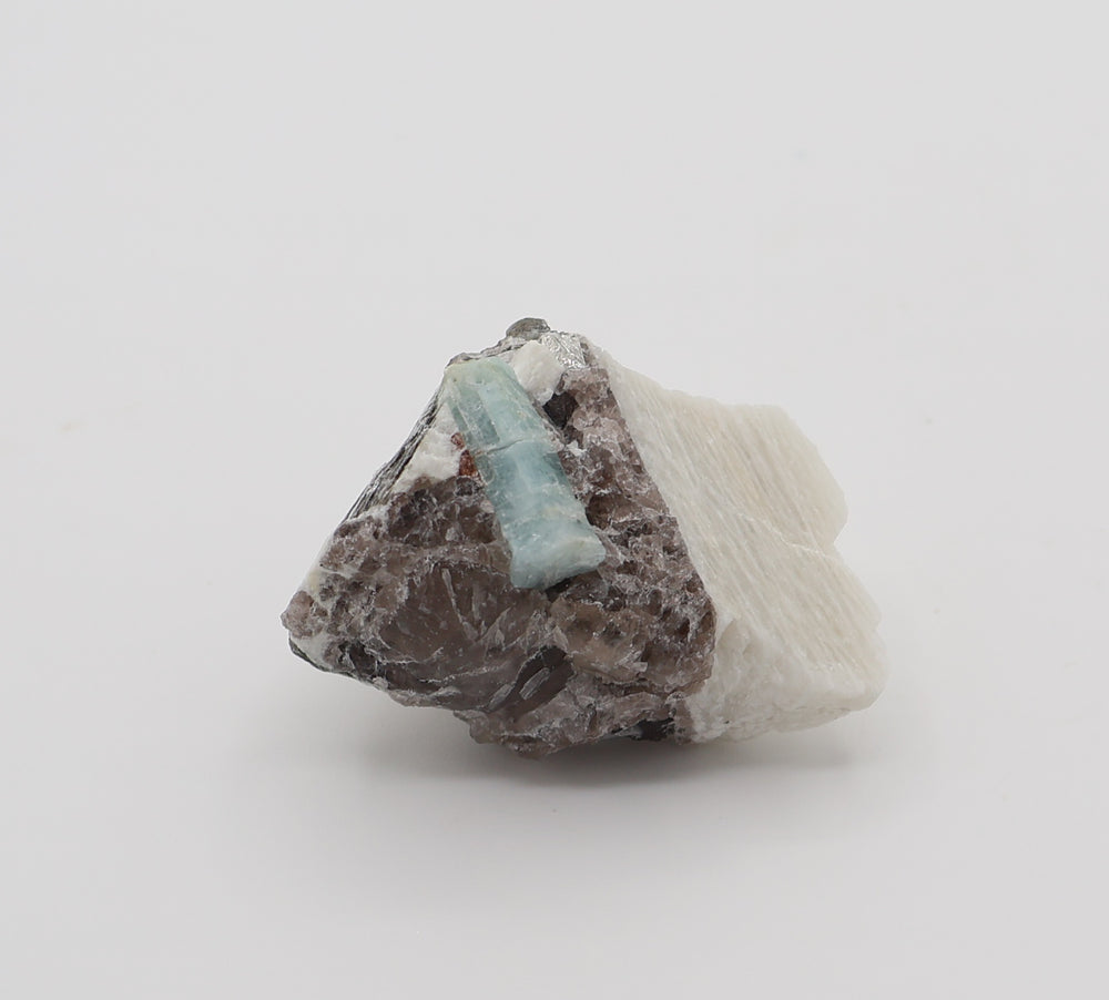 Aquamarine with Spessartine Garnet, Mica, on Smoky Quartz and Feldspar