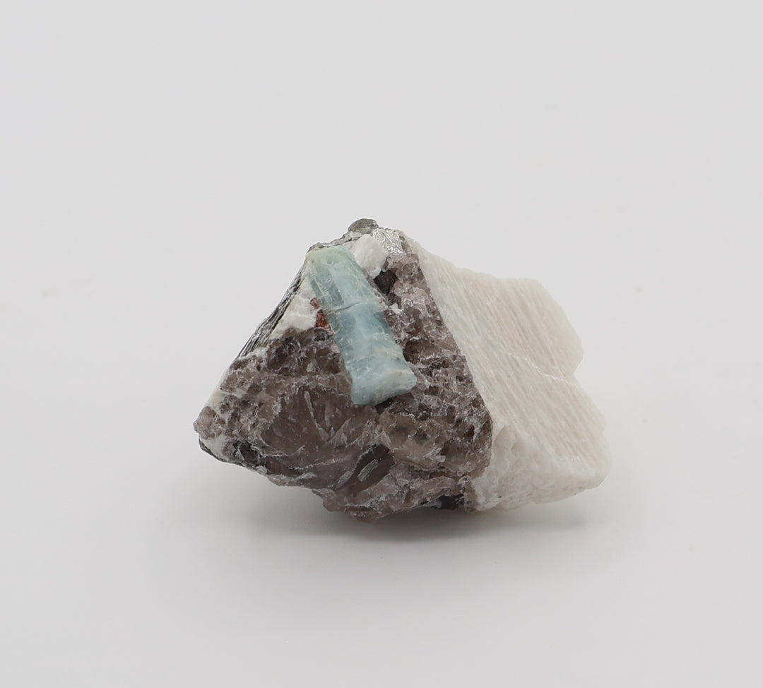 Aquamarine with Spessartine Garnet, Mica, on Smoky Quartz and Feldspar