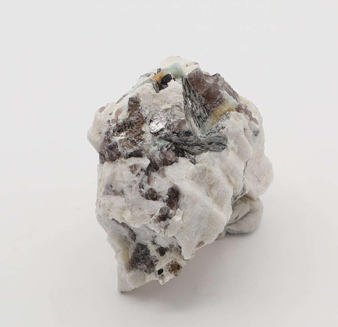Bi-Colour Beryl with Hematite, Mica, on Smoky Quartz and Feldspar