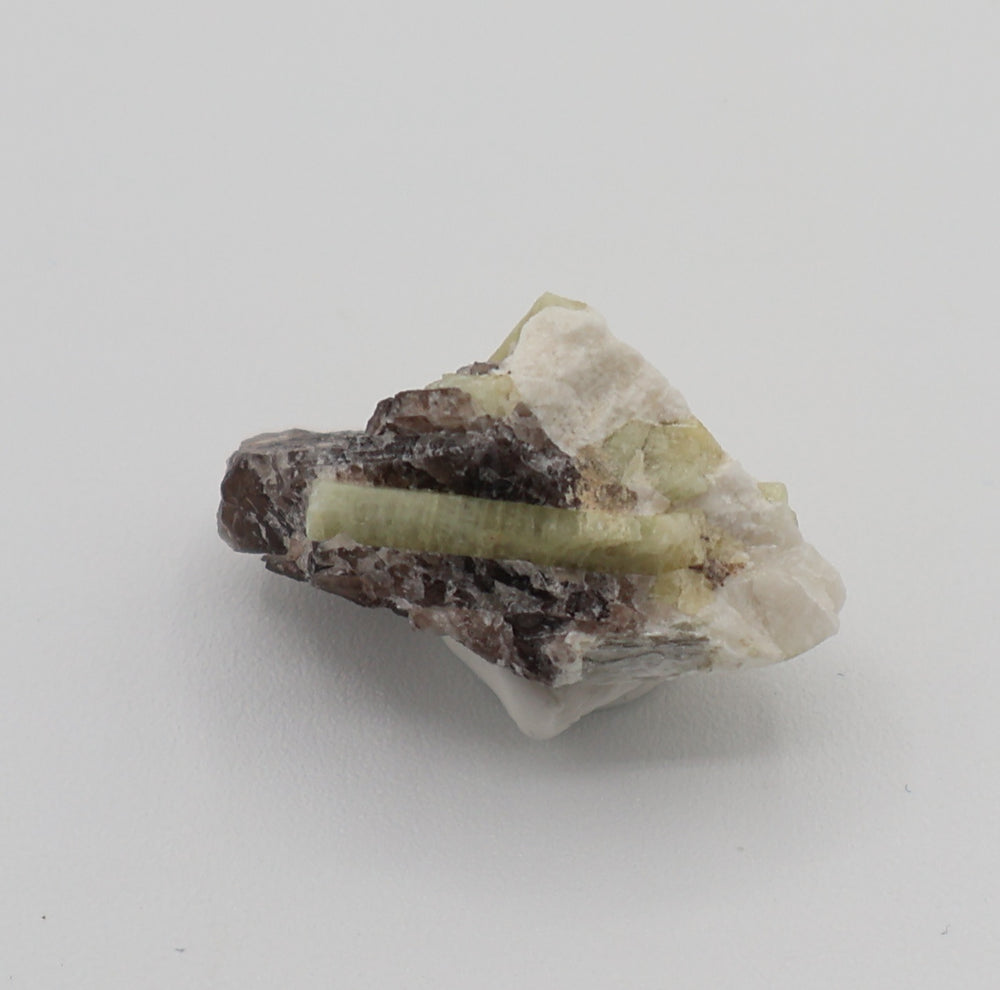 Heliodor with Mica on Smoky Quartz and Feldspar