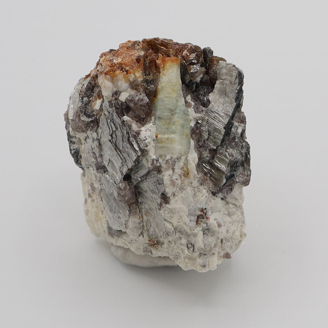 Heliodor Capped Sceptered Aquamarine with Mica on Smoky Quartz and Feldspar