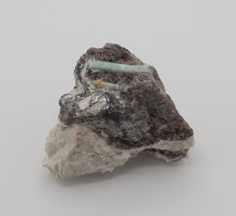 Aquamarine with Mica on Smoky Quartz and Feldspar