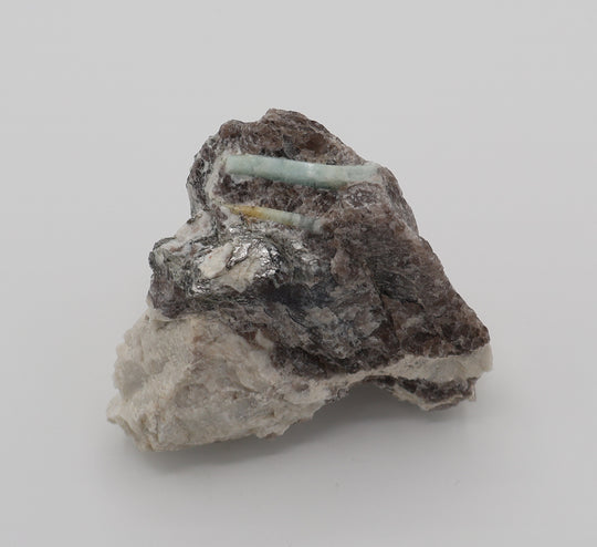 Aquamarine with Mica on Smoky Quartz and Feldspar