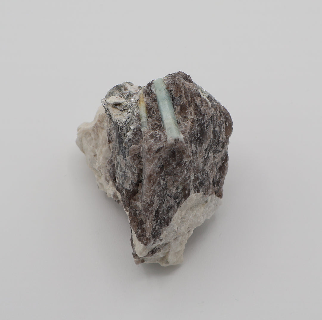 Aquamarine with Mica on Smoky Quartz and Feldspar