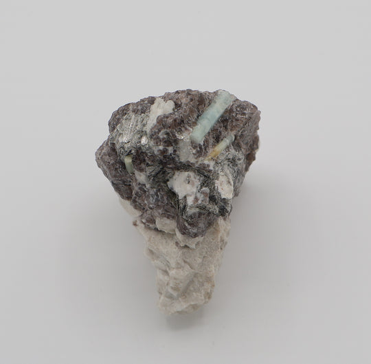 Aquamarine with Mica on Smoky Quartz and Feldspar