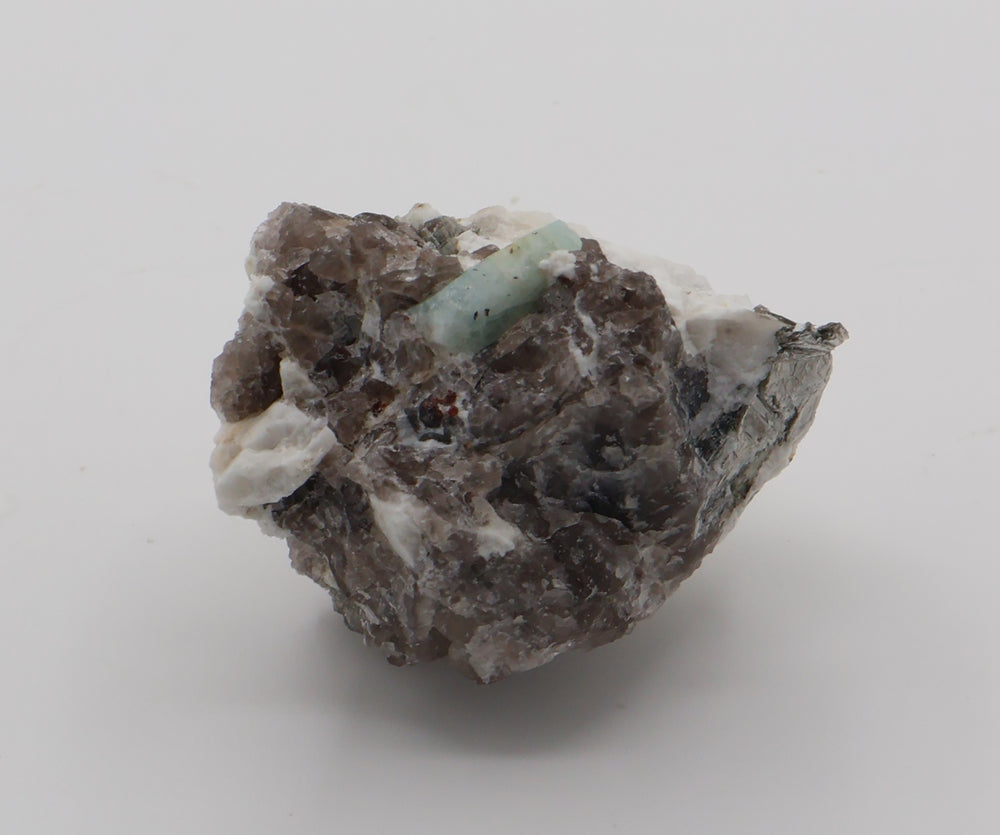 Aquamarine and Spessartine Garnet with Mica, on Smoky Quartz and Feldspar