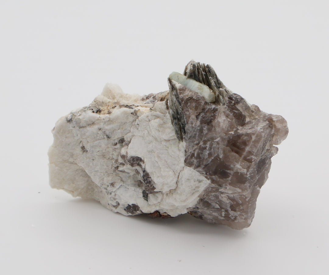 Aquamarine with Pyrite and Mica on Smoky Quartz and Feldspar