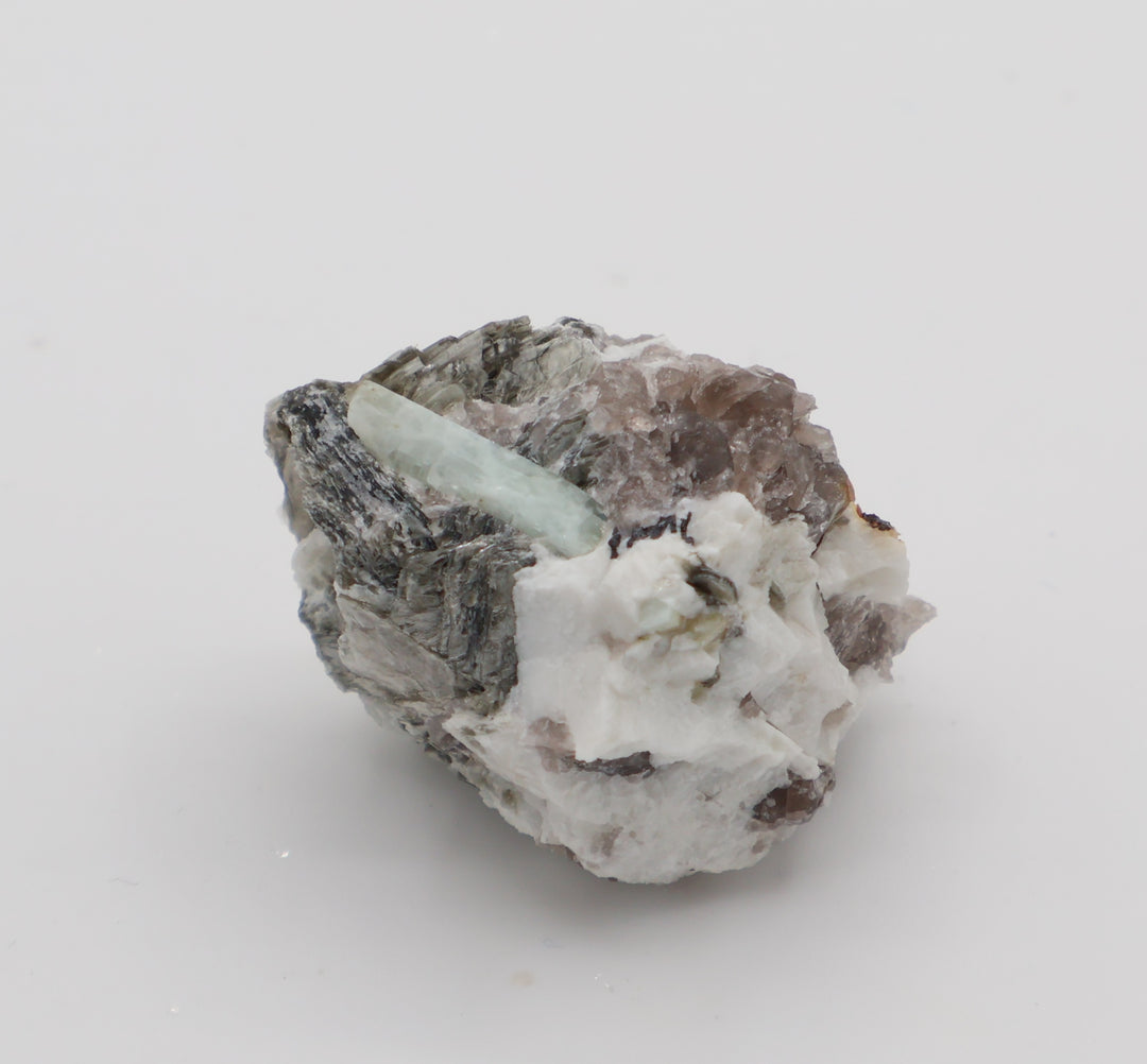 Aquamarine on Mica, Smoky Quartz, Feldspar