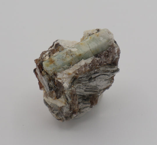 Aquamarine with Mica on Smoky Quartz and Feldspar