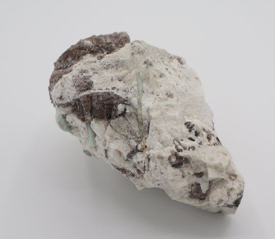 Aquamarine and Bi-Colour Beryl with Mica on Smoky Quartz and Feldspar