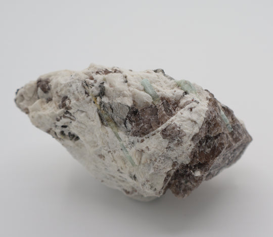 Aquamarine and Bi-Colour Beryl with Mica on Smoky Quartz and Feldspar