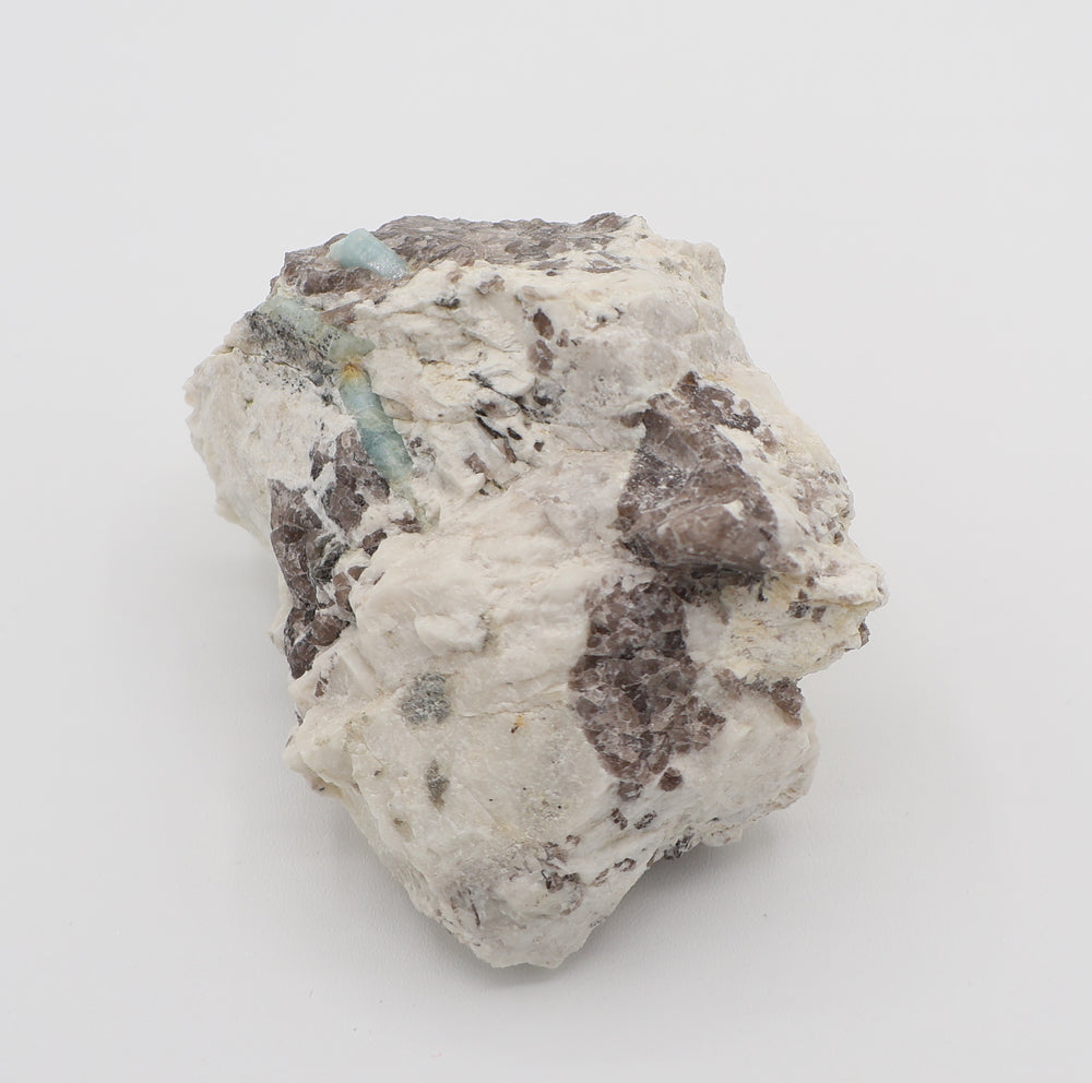Aquamarine and Bi-Colour Beryl with Mica on Smoky Quartz and Feldspar