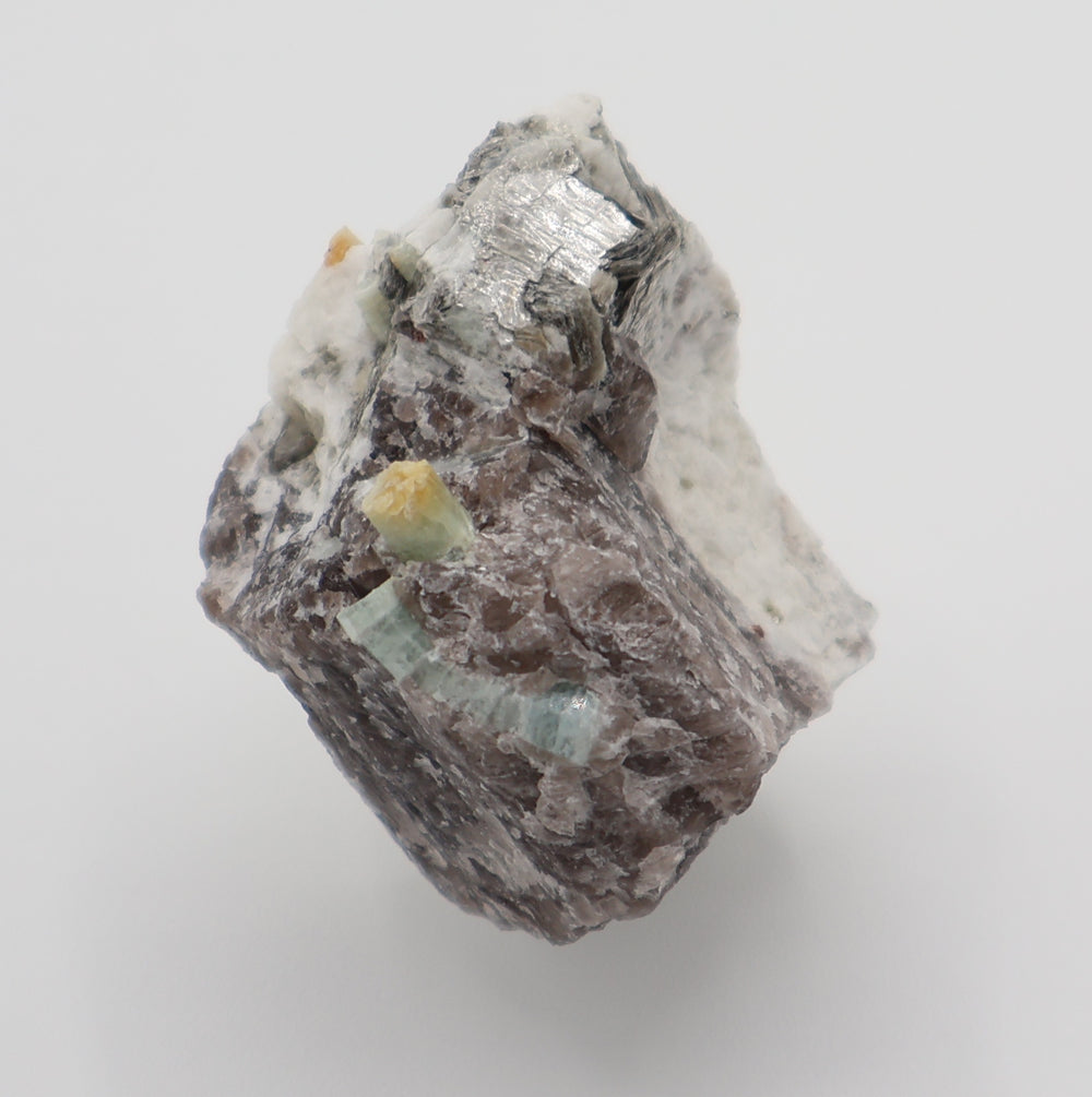 Heliodor Capped Aquamarines with Mica on Smoky Quartz and Feldspar