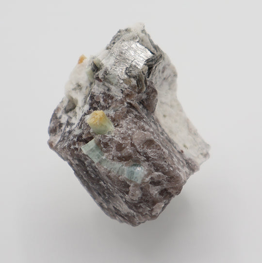 Heliodor Capped Aquamarines with Mica on Smoky Quartz and Feldspar
