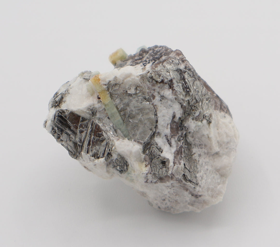 Heliodor Capped Aquamarines with Mica on Smoky Quartz and Feldspar