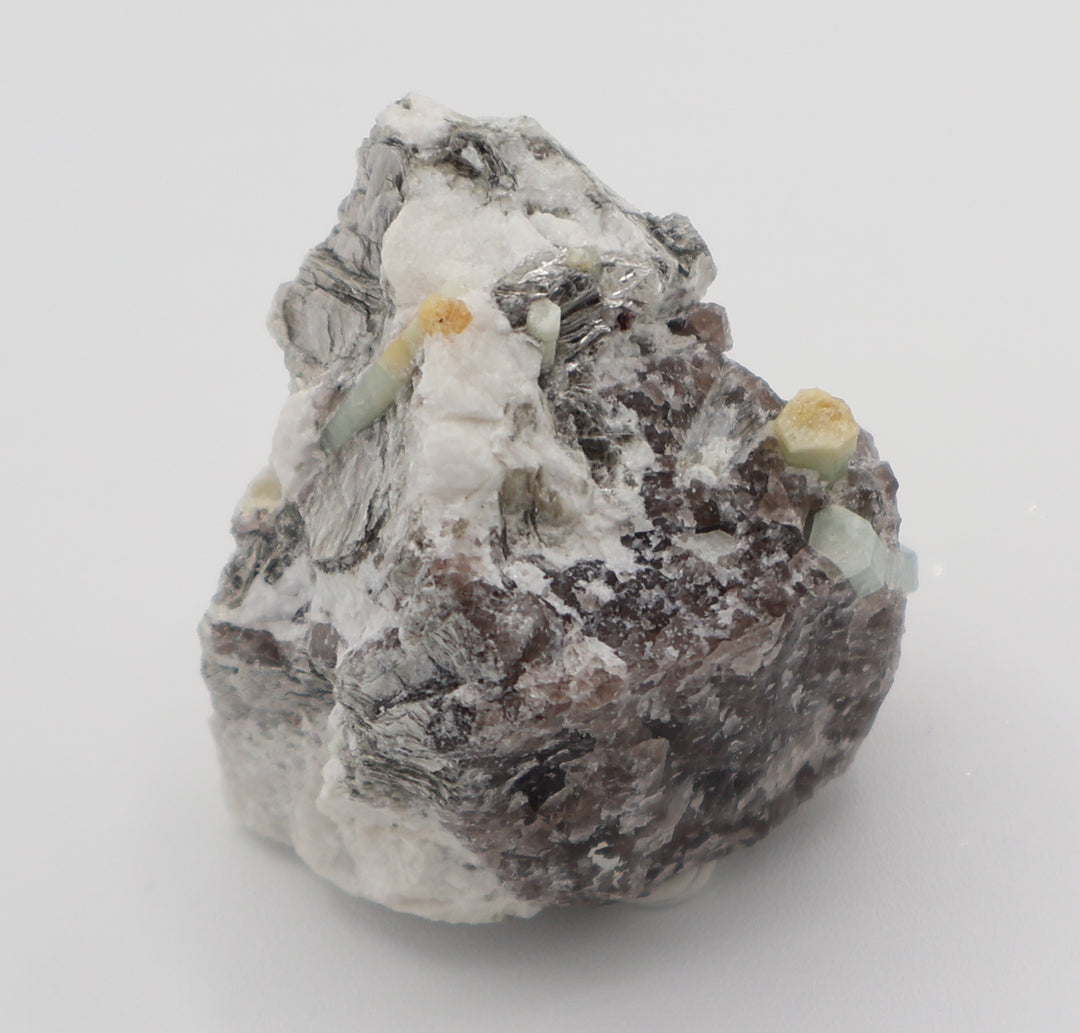 Heliodor Capped Aquamarines with Mica on Smoky Quartz and Feldspar