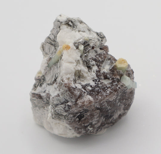 Heliodor Capped Aquamarines with Mica on Smoky Quartz and Feldspar