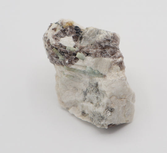 Aquamarine Cluster with Heliodor, Mica, Hematite, on Smoky Quartz and Feldspar