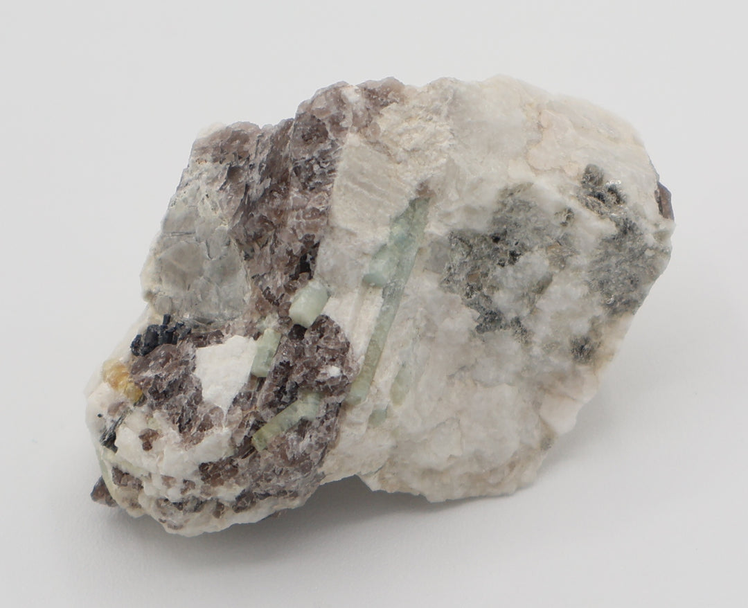 Aquamarine Cluster with Heliodor, Mica, Hematite, on Smoky Quartz and Feldspar