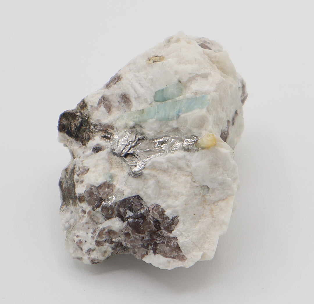 Aquamarine and Heliodor with Mica on Smoky Quartz and Feldspar