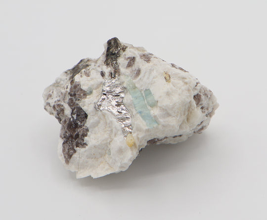 Aquamarine and Heliodor with Mica on Smoky Quartz and Feldspar