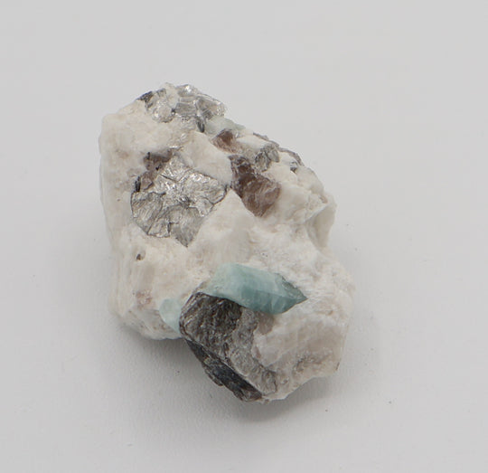 Aquamarine with Mica on Smoky Quartz and Feldspar