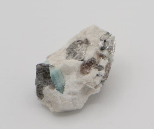 Aquamarine with Mica on Smoky Quartz and Feldspar