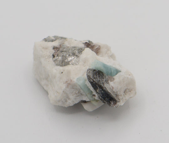 Aquamarine with Mica on Smoky Quartz and Feldspar