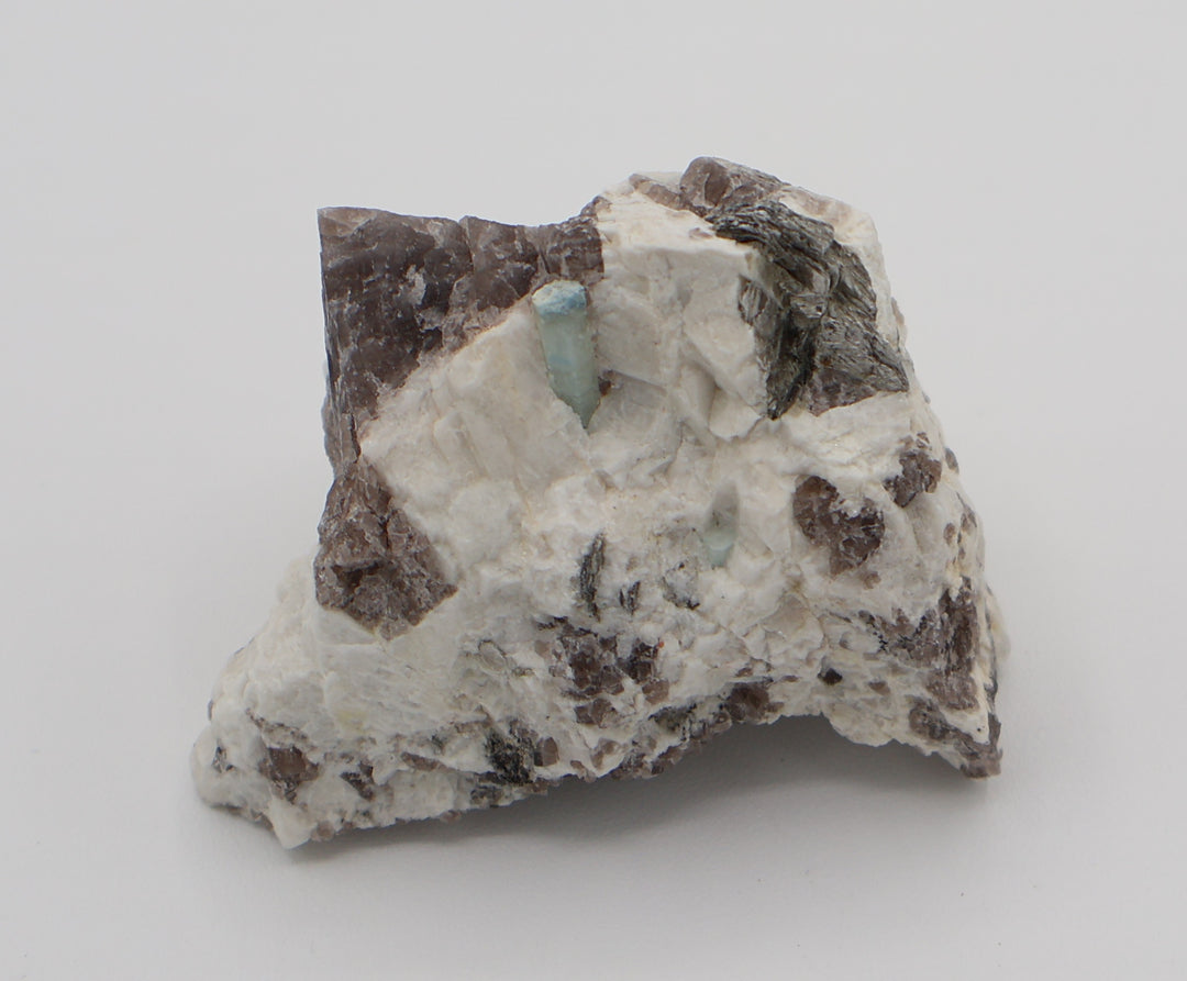 Aquamarine with Mica on Smoky Quartz and Feldspar