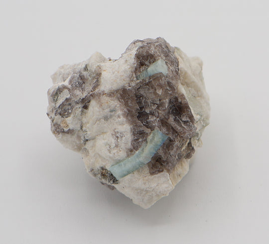 Aquamarine with Mica on Smoky Quartz and Feldspar