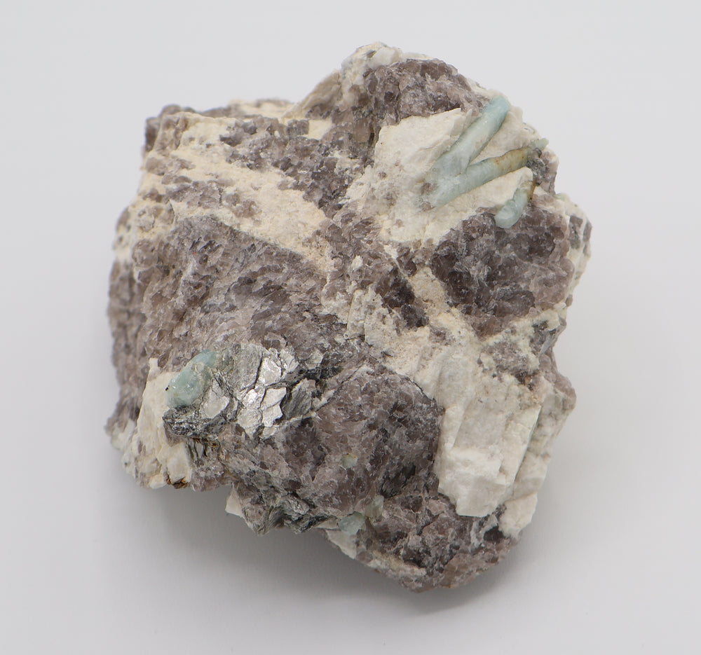 Aquamarine and Bi-Colour Beryl with Mica on Smoky Quartz and Feldspar