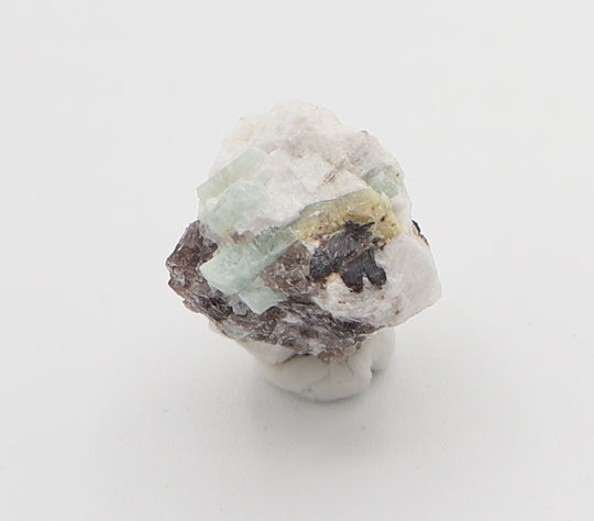 Aquamarine and Bi-Colour Beryl Cluster with Mica, Hematite, on Smoky Quartz and Feldspar