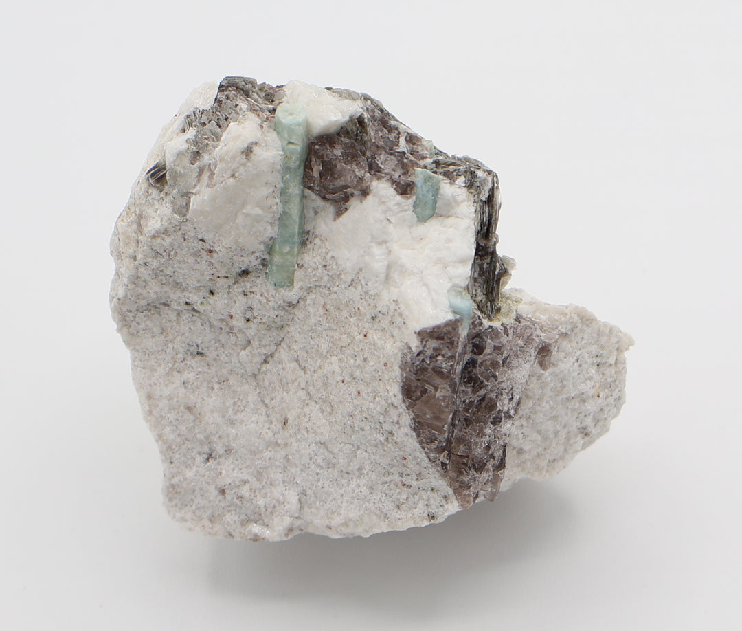 Aquamarine with Mica on Smoky Quartz and Feldspar