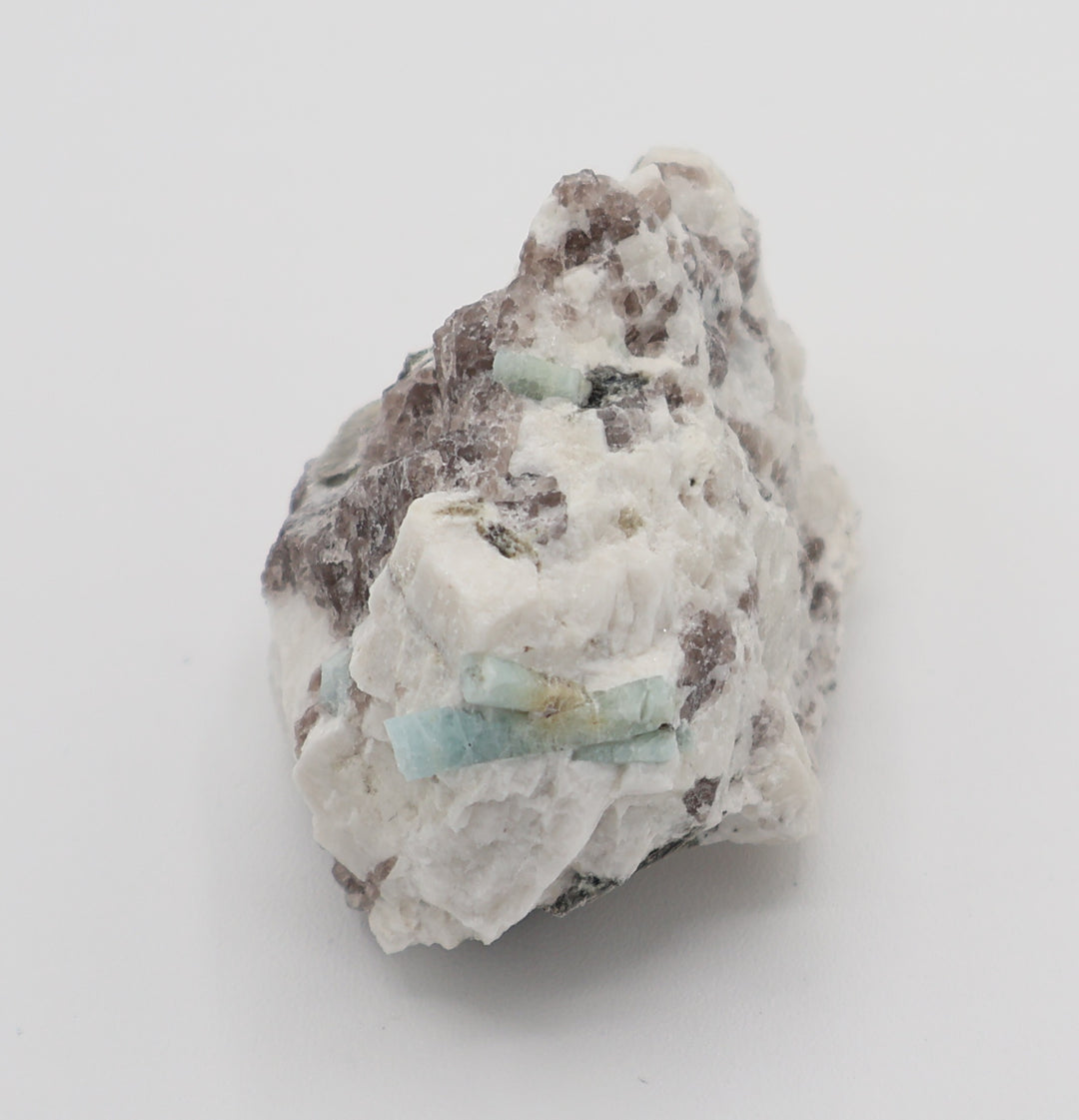 Aquamarine and Bi-Colour Beryl with Mica on Smoky Quartz and Feldspar