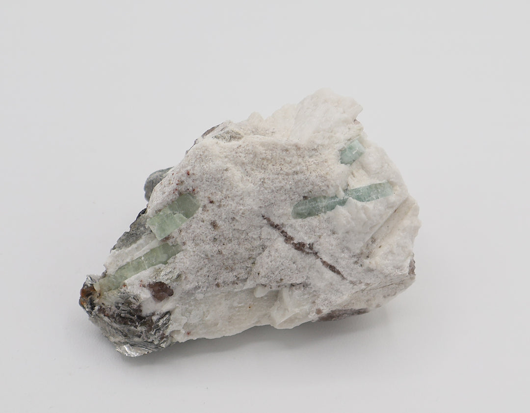 Aquamarine cluster with Mica and Smoky Quartz on Feldspar