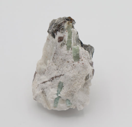 Aquamarine cluster with Mica and Smoky Quartz on Feldspar
