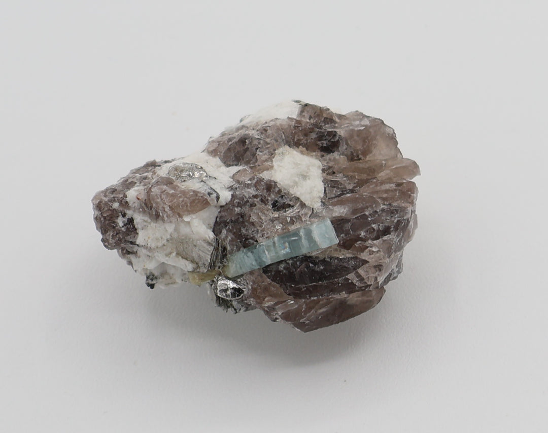 Aquamarine with Mica on Smoky Quartz and Feldspar