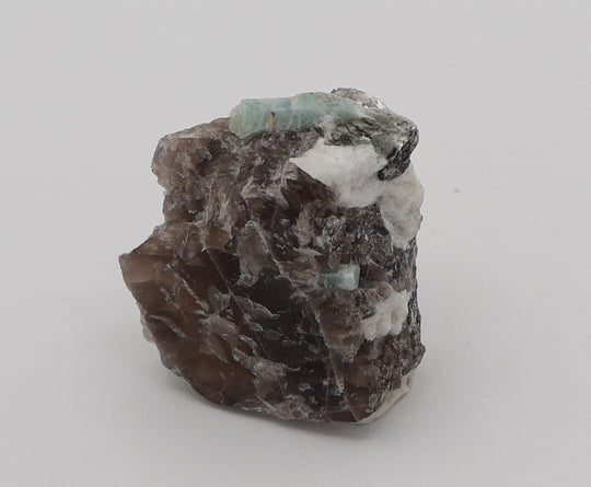 Aquamarine with Mica on Smoky Quartz and Feldspar