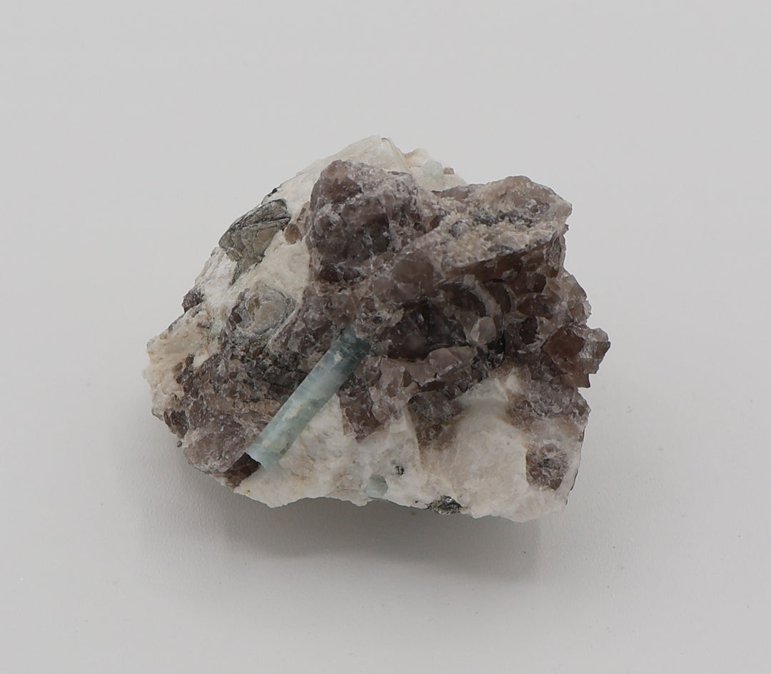 Aquamarine with Mica on Smoky Quartz and Feldspar