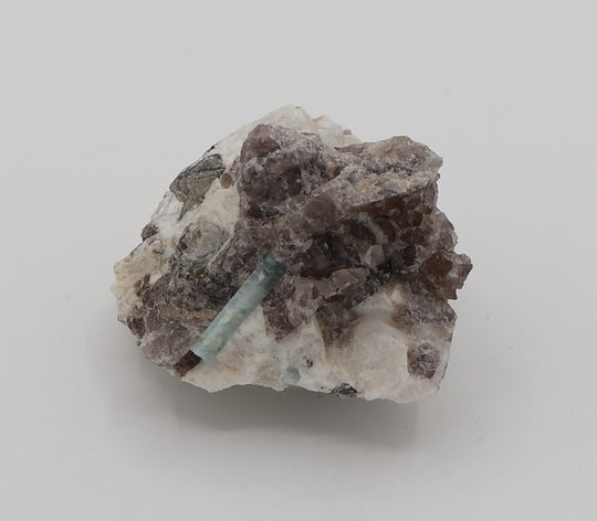 Aquamarine with Mica on Smoky Quartz and Feldspar