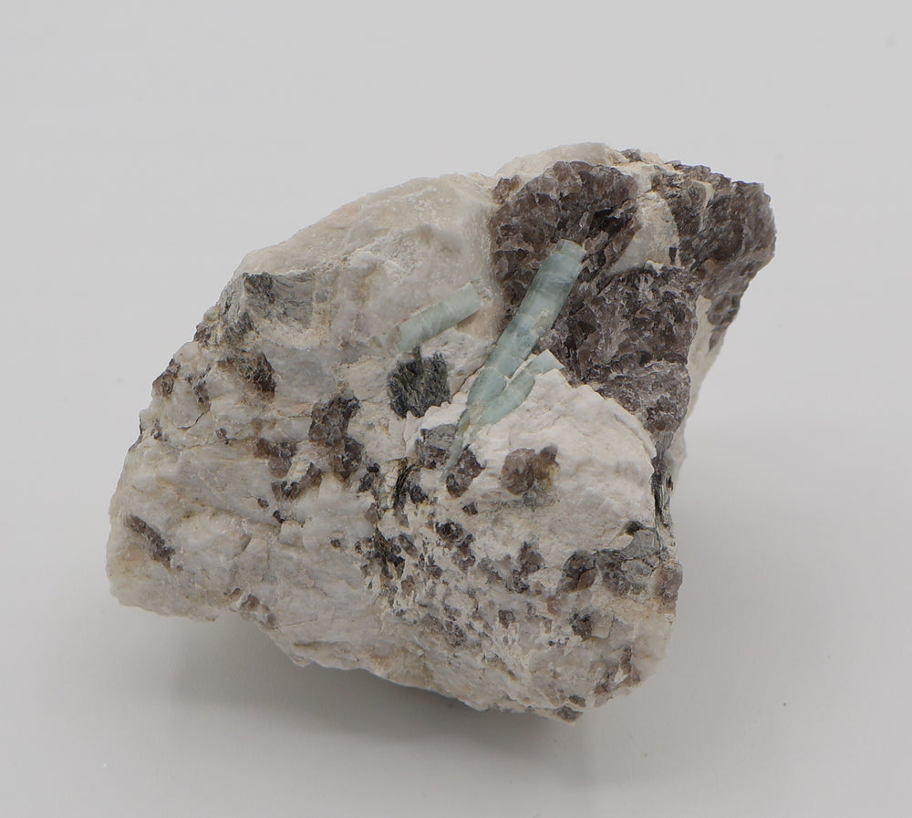Aquamarine with Mica on Smoky Quartz and Feldspar