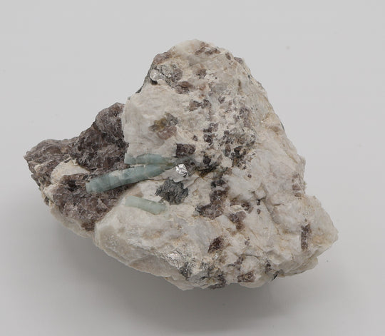 Aquamarine with Mica on Smoky Quartz and Feldspar