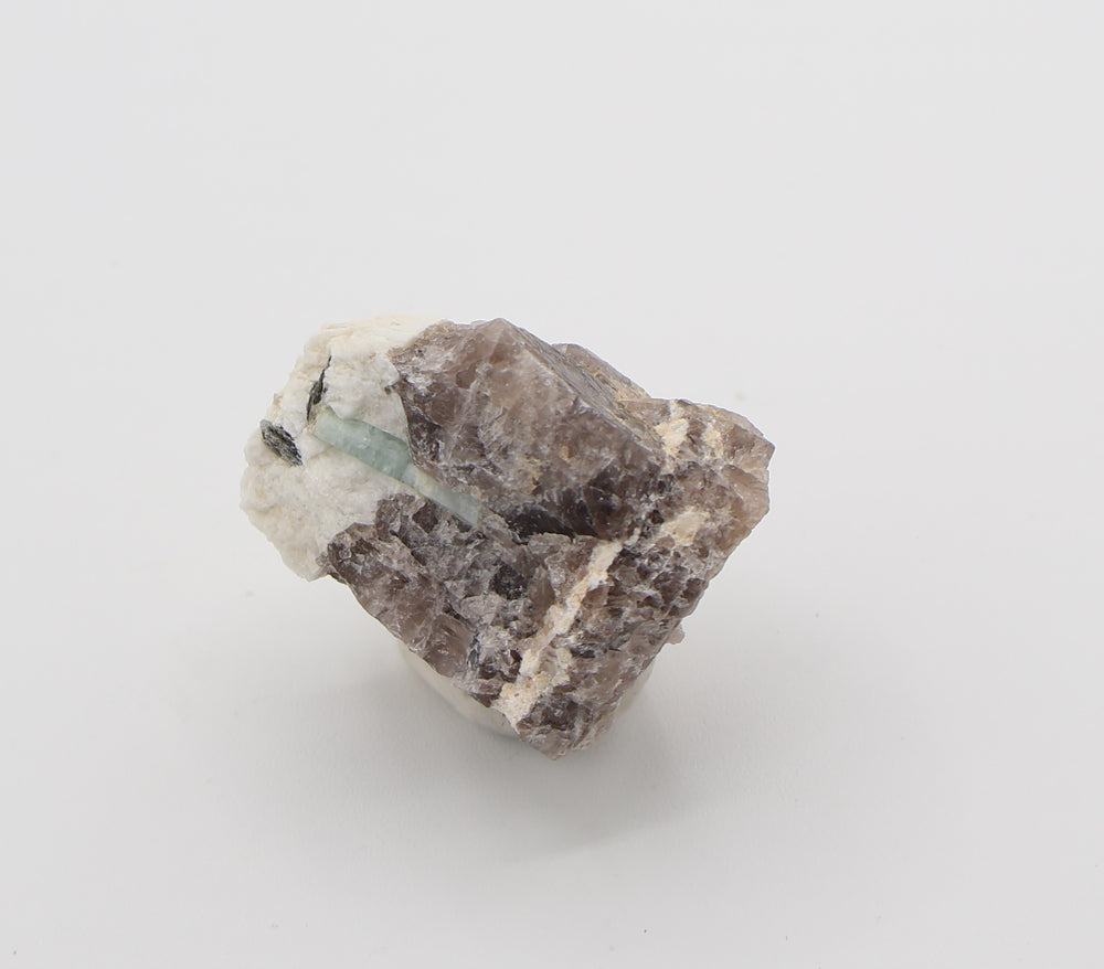 Aquamarine with Mica on Smoky Quartz and Feldspar