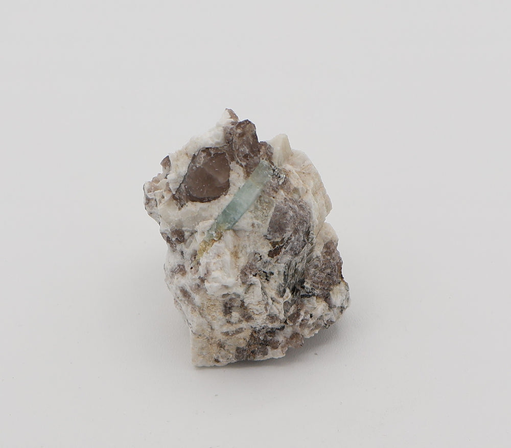 Aquamarine with Mica on Smoky Quartz and Feldspar