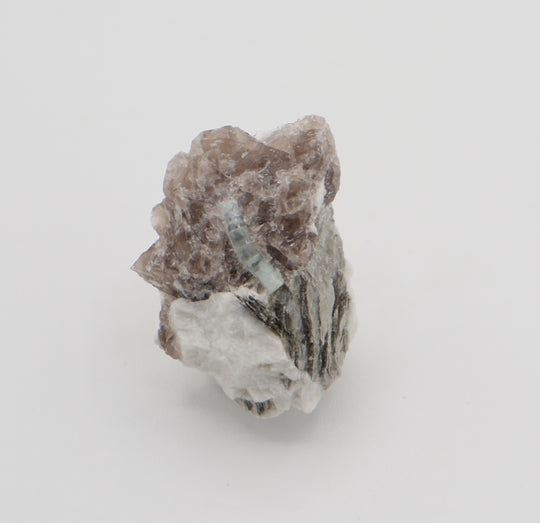 Aquamarine with Mica on Smoky Quartz and Feldspar