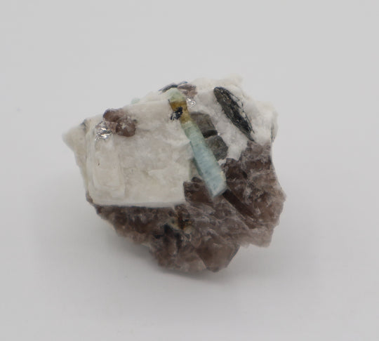 Bi-Colour Beryl with Hematite, Mica, on Smoky Quartz and Feldspar