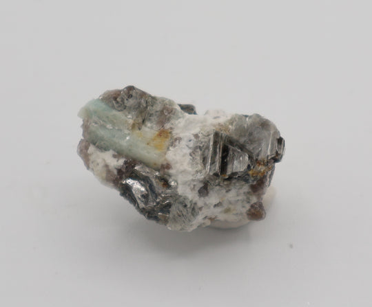 Aquamarine with Mica on Smoky Quartz and Feldspar