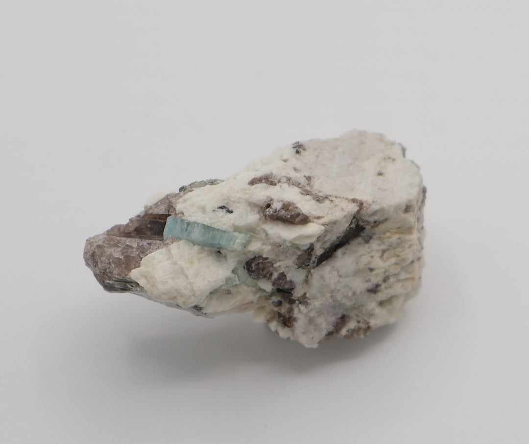Aquamarine with Mica on Smoky Quartz and Feldspar