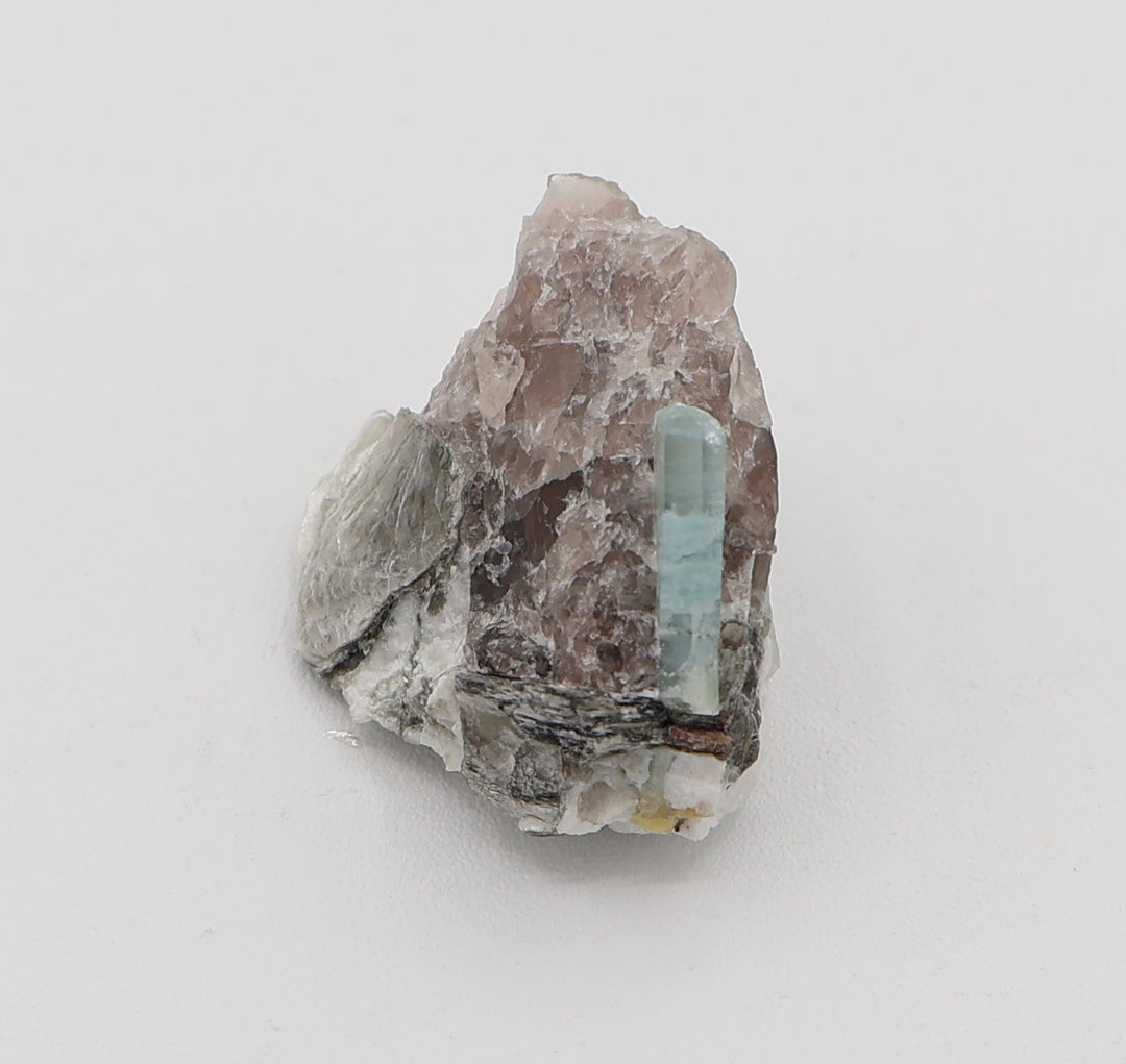 Aquamarine with Mica on Smoky Quartz and Feldspar